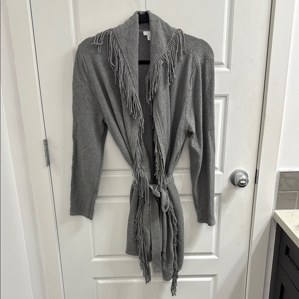J. Jill Dark Grey Heather Fringed Wrap Cardigan‎ Size medium petite